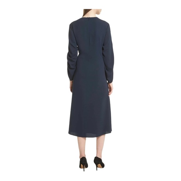 Tibi Ruched Convertible Bell Sleeve Cinched Stretch Crepe Midi Dress Navy Blue 8 - Picture 2 of 11